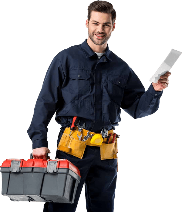 portrait of smiling plumber in uniform with tool box and digital tablet isolated on white