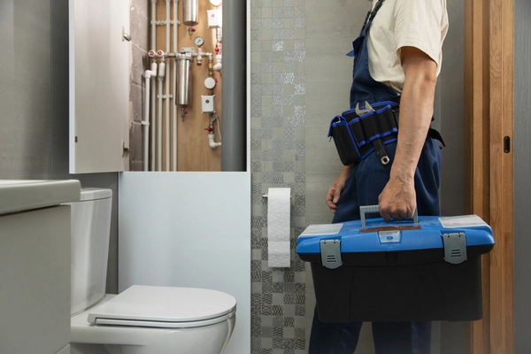 Plombier Givors en train de réparer des installations de plomberie avec boîte à outils dans un salle de bain