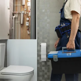 Plombier Givors en train de réparer des installations de plomberie avec boîte à outils dans un salle de bain